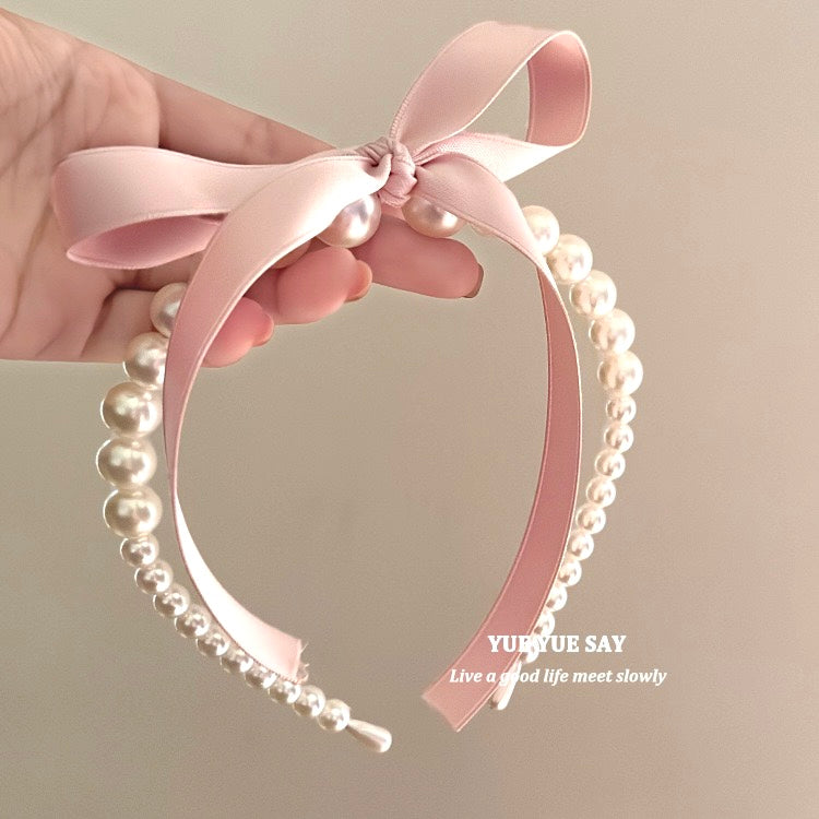 Coquette Pearl Headband - French Vintage Bow & Ribbon Design
