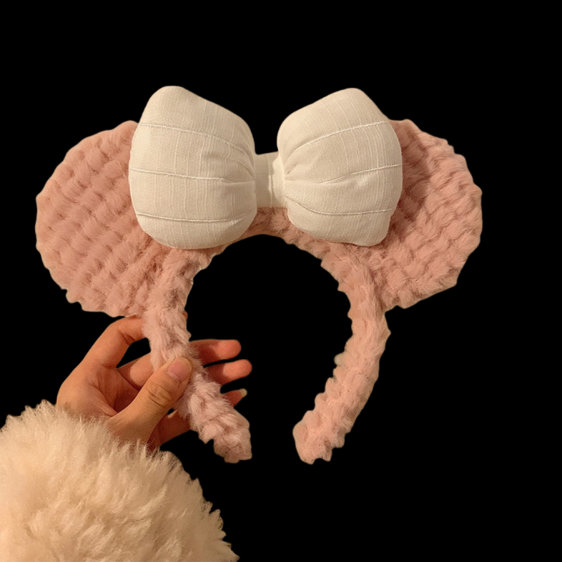 Bear Ear Headband with Bow - Fluffy Fleece (Khaki/Pink)