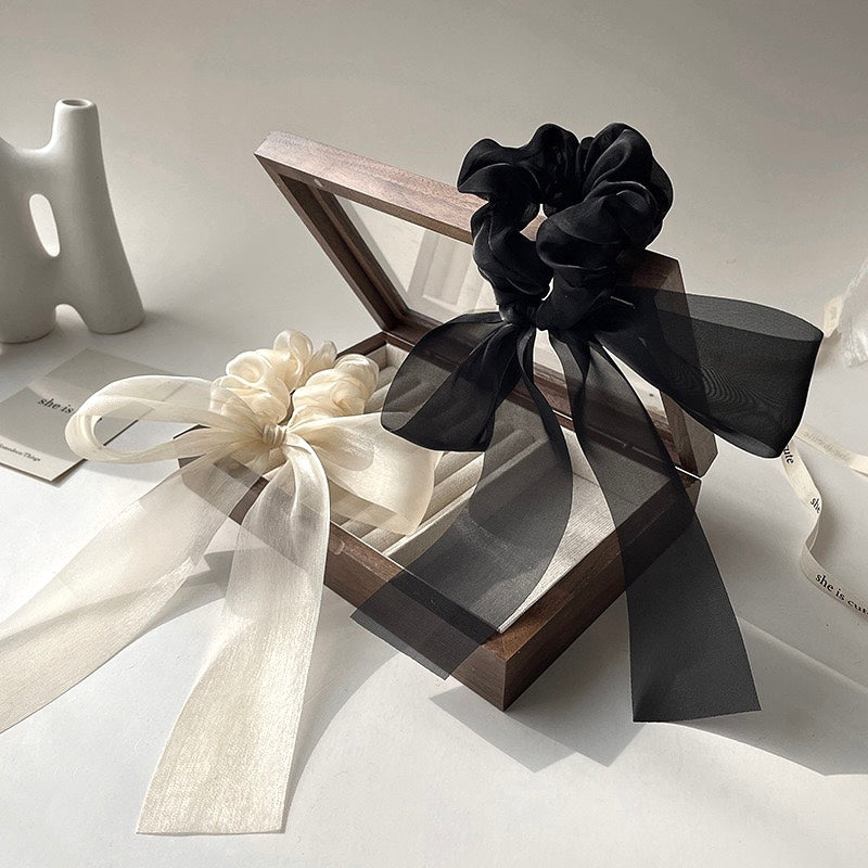 French Chiffon Bow Scrunchie - Luxe Hair Tie (Black/Champagne)