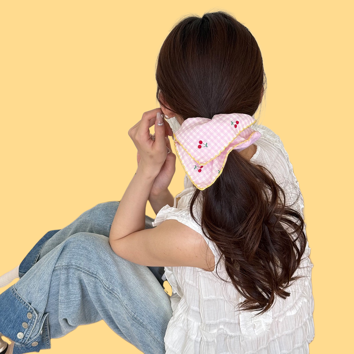 French Cherry Blossom Scrunchie - Lattice Floral Hair Tie (3 Spring Colors)