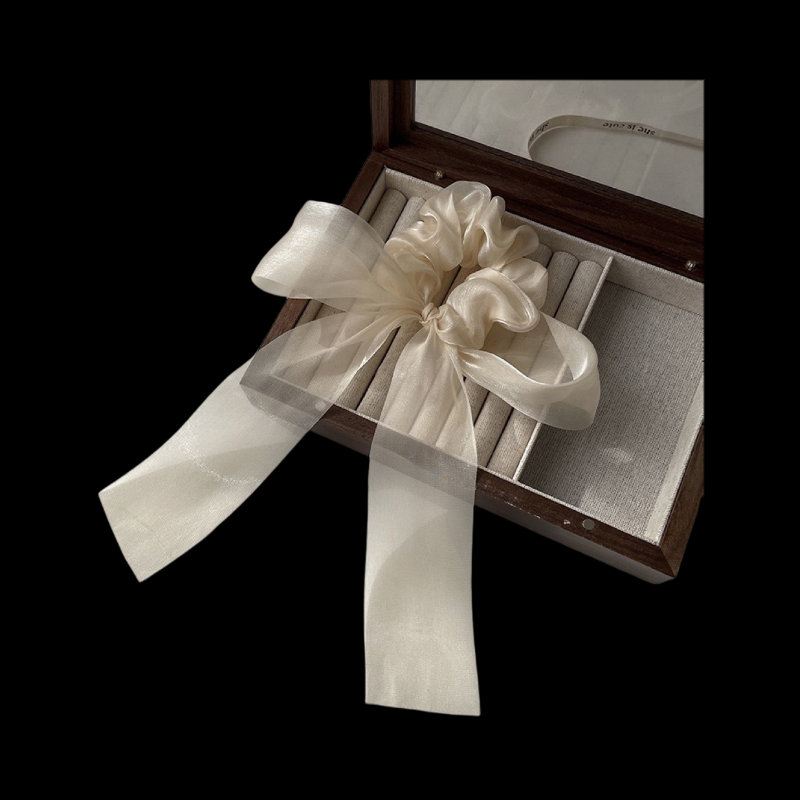 French Chiffon Bow Scrunchie - Luxe Hair Tie (Black/Champagne)