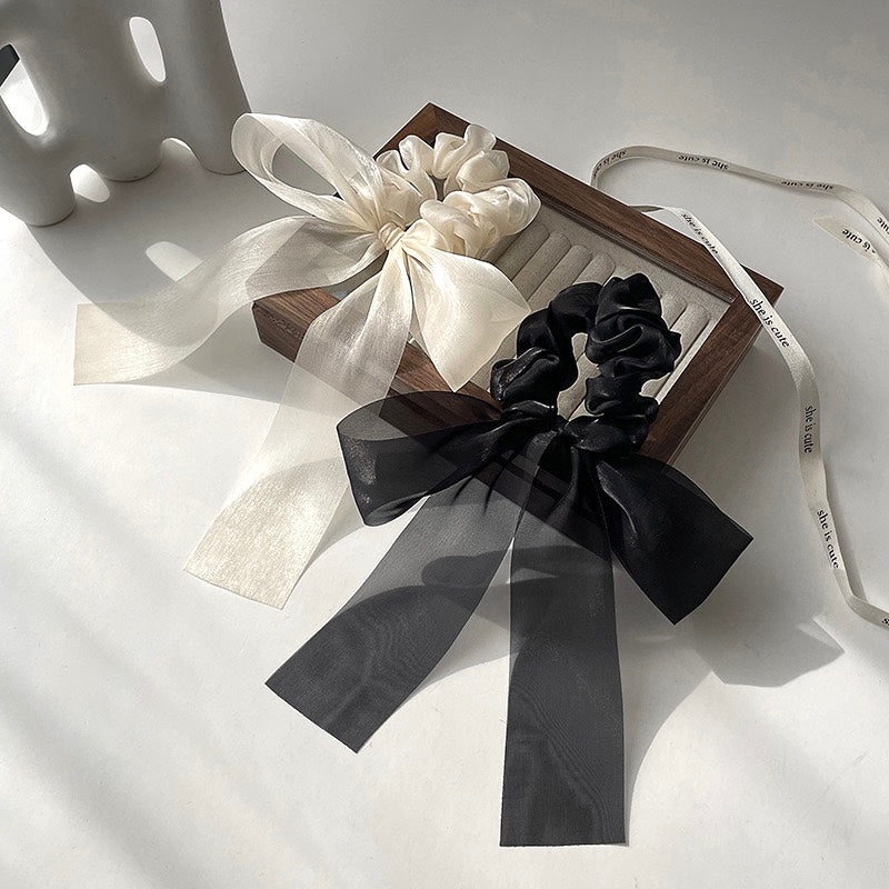 French Chiffon Bow Scrunchie - Luxe Hair Tie (Black/Champagne)