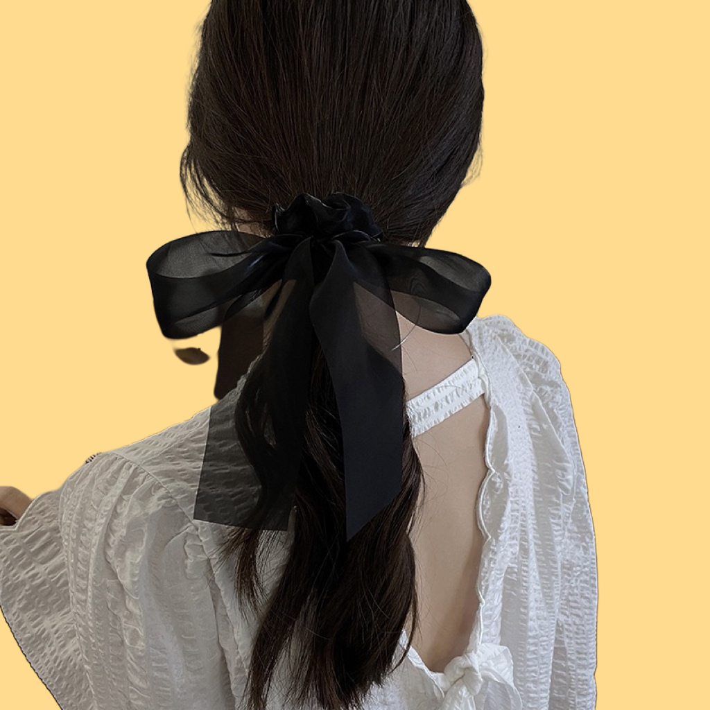 French Chiffon Bow Scrunchie - Luxe Hair Tie (Black/Champagne)