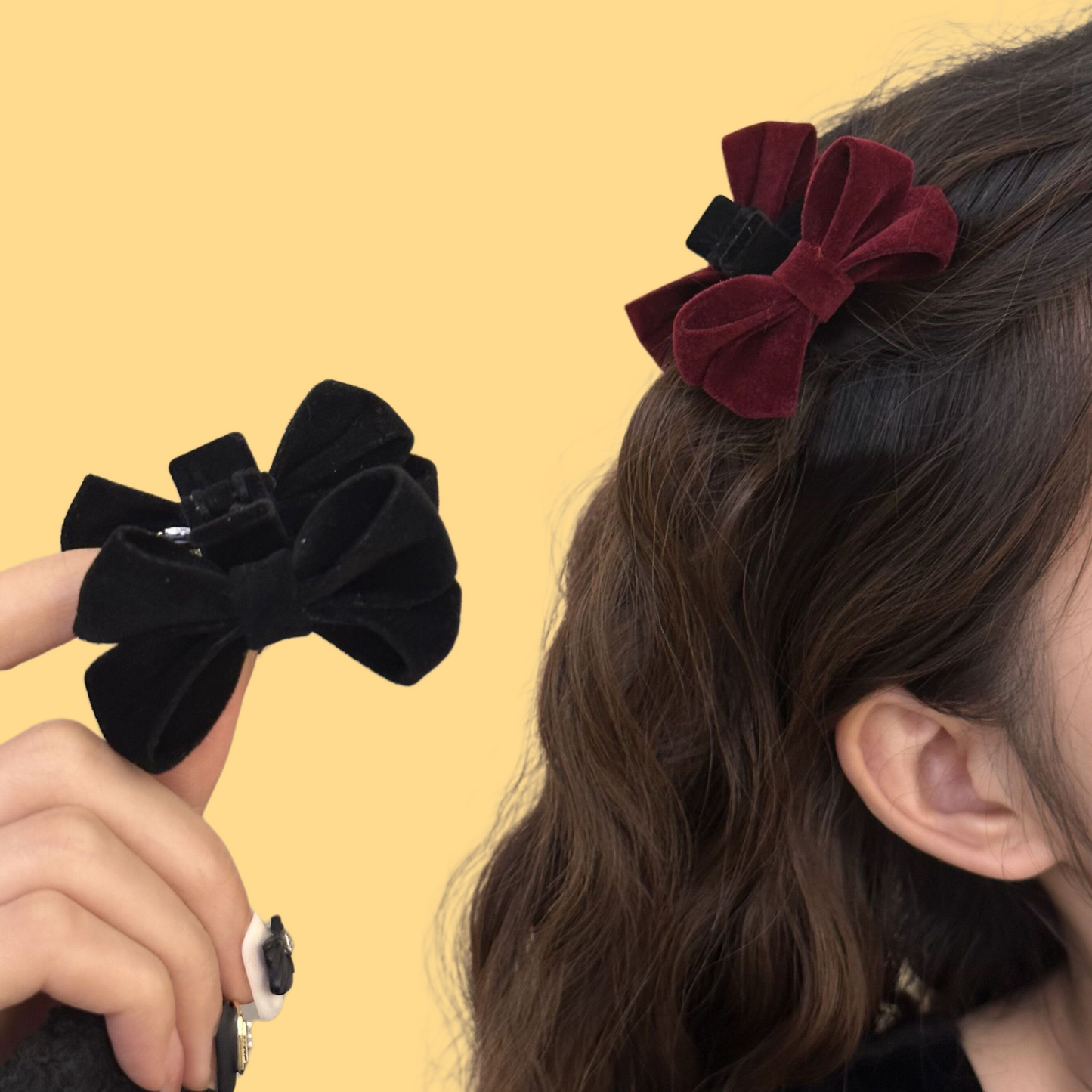 Velvet Bow Hair Clip - Vintage French Barrette (Red/Black)