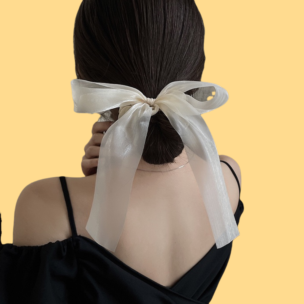 French Chiffon Bow Scrunchie - Luxe Hair Tie (Black/Champagne)