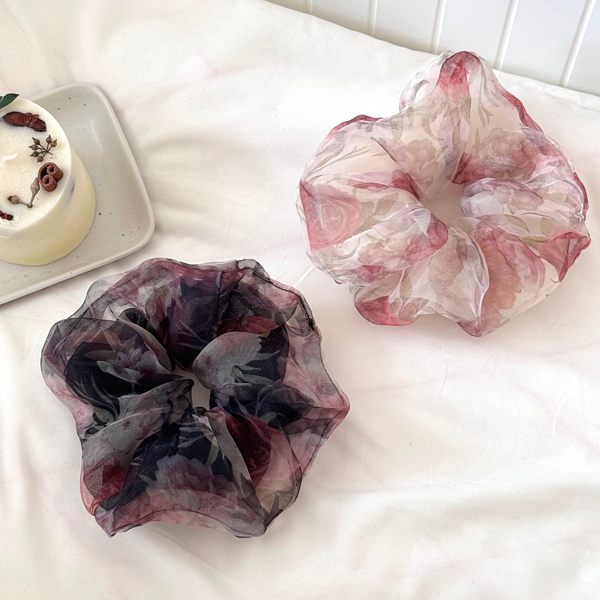 French Rose Tulle Scrunchie - Double-Layer Floral Hair Tie (Vintage Romance Edition)