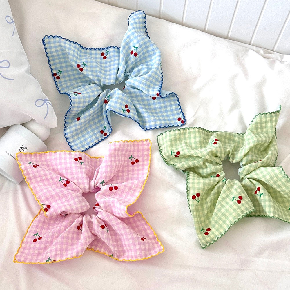 French Cherry Blossom Scrunchie - Lattice Floral Hair Tie (3 Spring Colors)