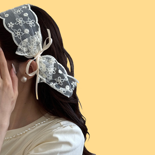 Ballet Lace Hairband - Floral Embroidery Wide Band (Elegant Bow Design)