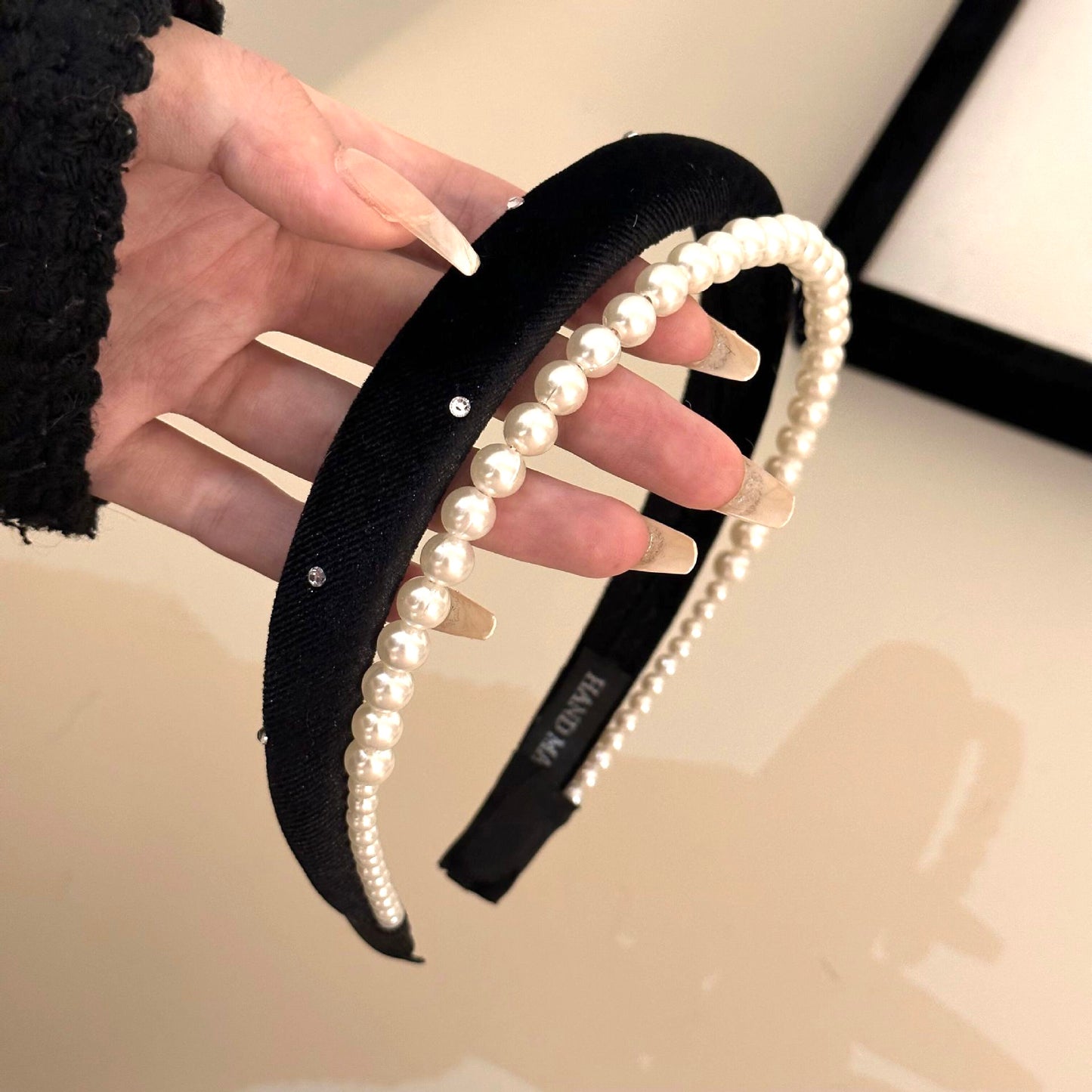 French Velvet Pearl Hairband - Double Layer Rhinestone Trim