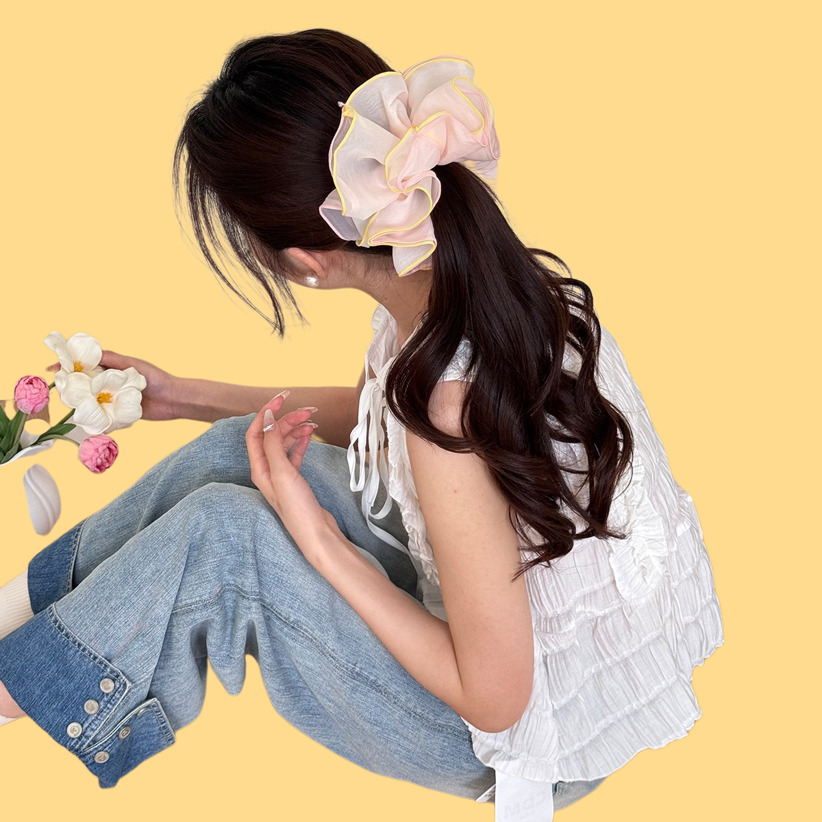 French Sheer Mesh Scrunchie - Oversized Hair Tie (Watercolor Ombré Edition)