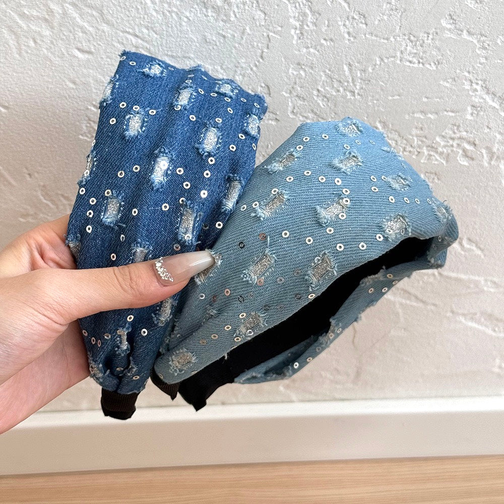 Vintage Denim Headband - Sparkly Wide Hairband (Retro Blue Collection)