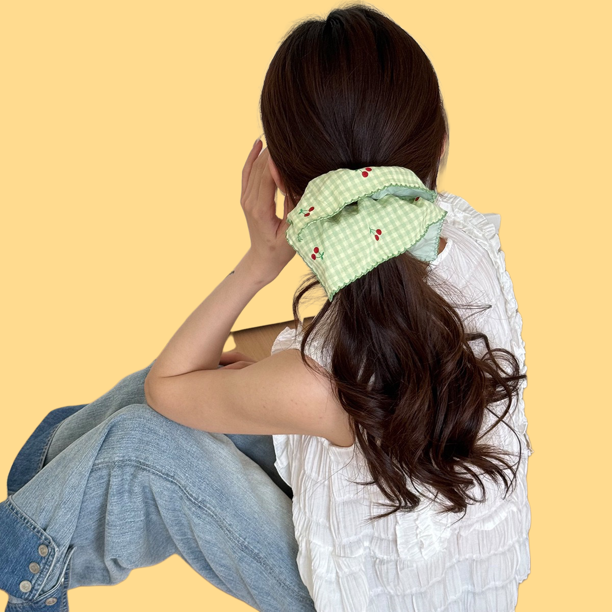 French Cherry Blossom Scrunchie - Lattice Floral Hair Tie (3 Spring Colors)