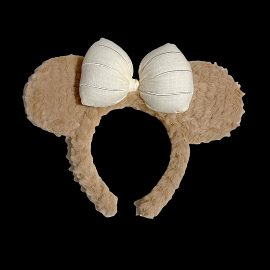 Bear Ear Headband with Bow - Fluffy Fleece (Khaki/Pink)