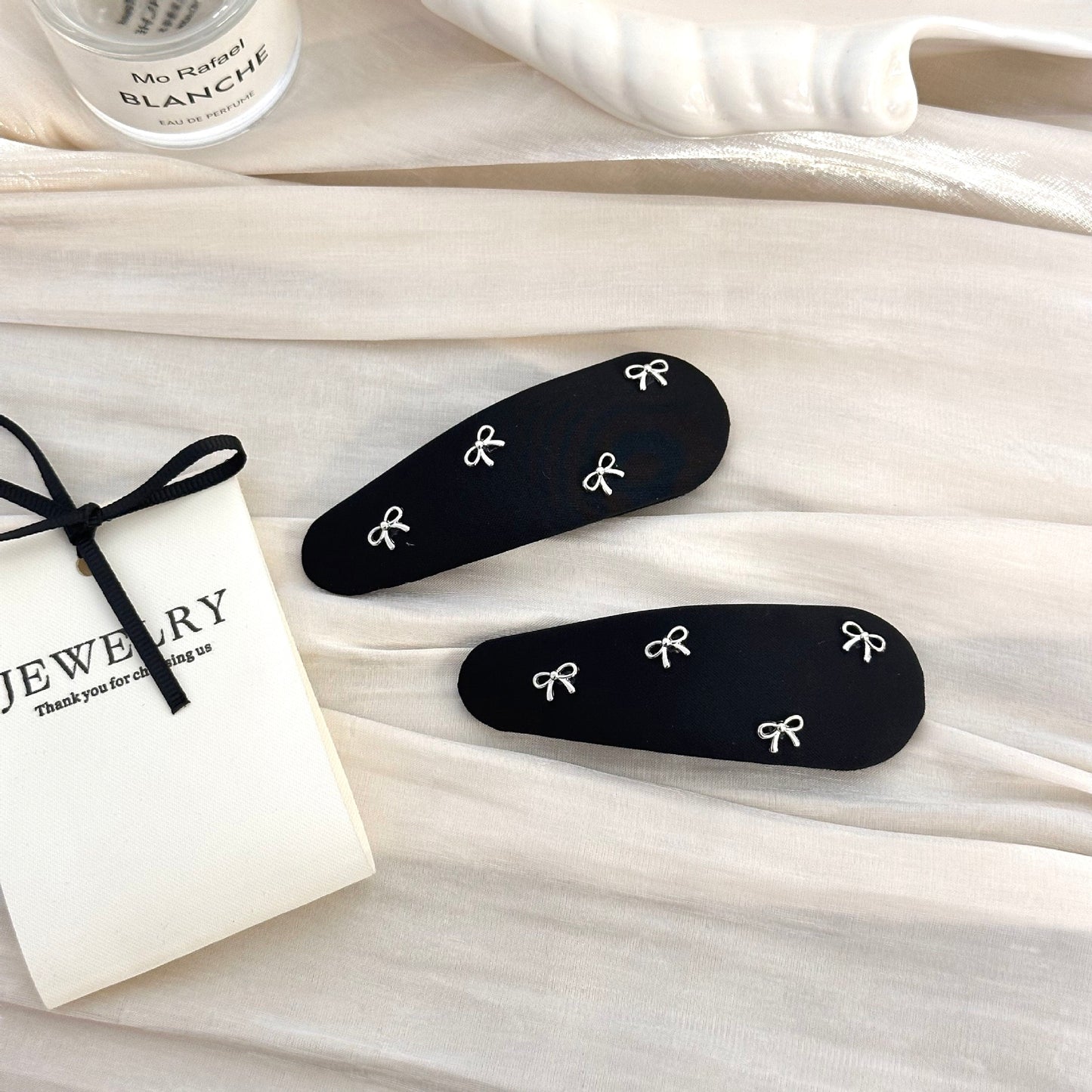 Teardrop BB Clip - Black Fabric with Silver Bow (All-Purpose Hair Clip)