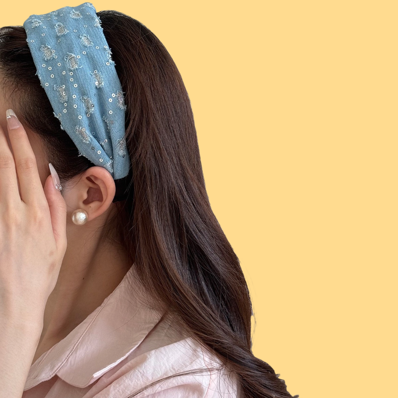 Vintage Denim Headband - Sparkly Wide Hairband (Retro Blue Collection)