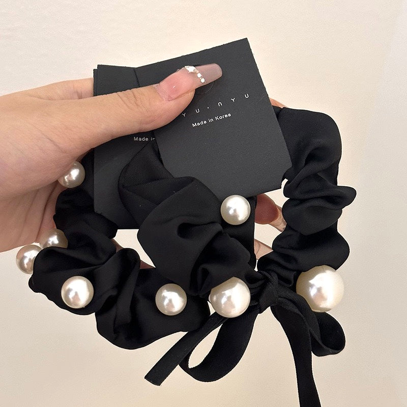 Pearl Bow Hair Tie - Black Velvet Scrunchie (2 Styles)