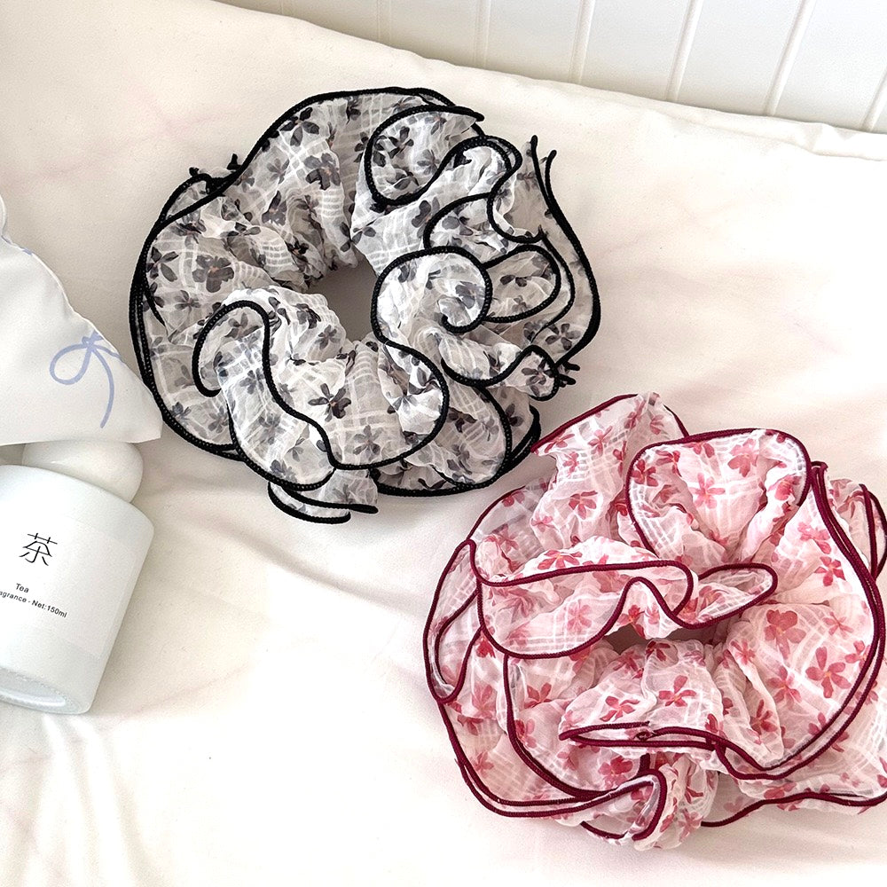 Cherry Blossom Scrunchie - 4-Layer Ruffle Hair Tie (French Lazy Girl Style)