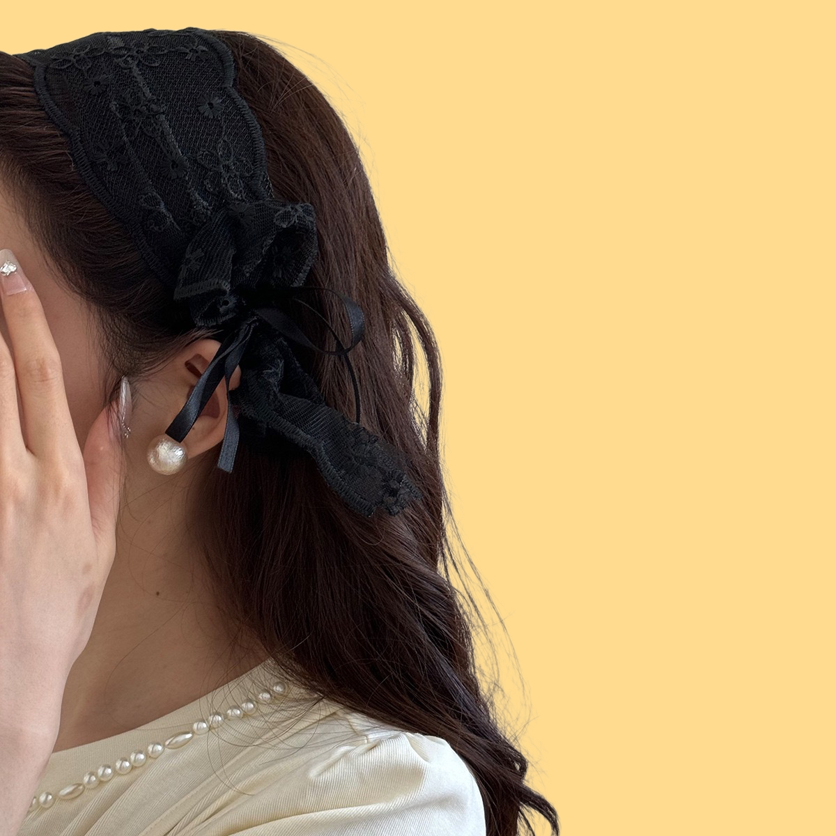 Ballet Lace Hairband - Floral Embroidery Wide Band (Elegant Bow Design)
