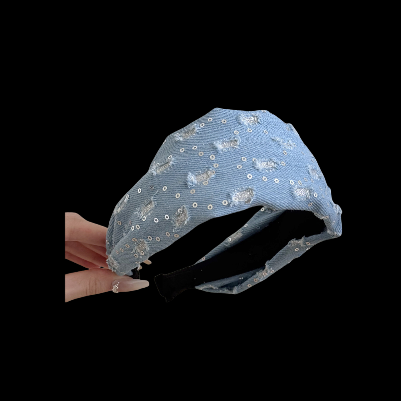 Vintage Denim Headband - Sparkly Wide Hairband (Retro Blue Collection)