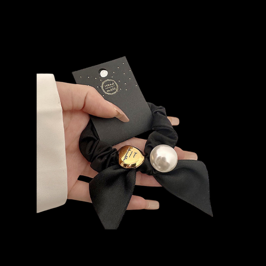 Minimalist Pearl Hair Tie - Elegant Black Bow