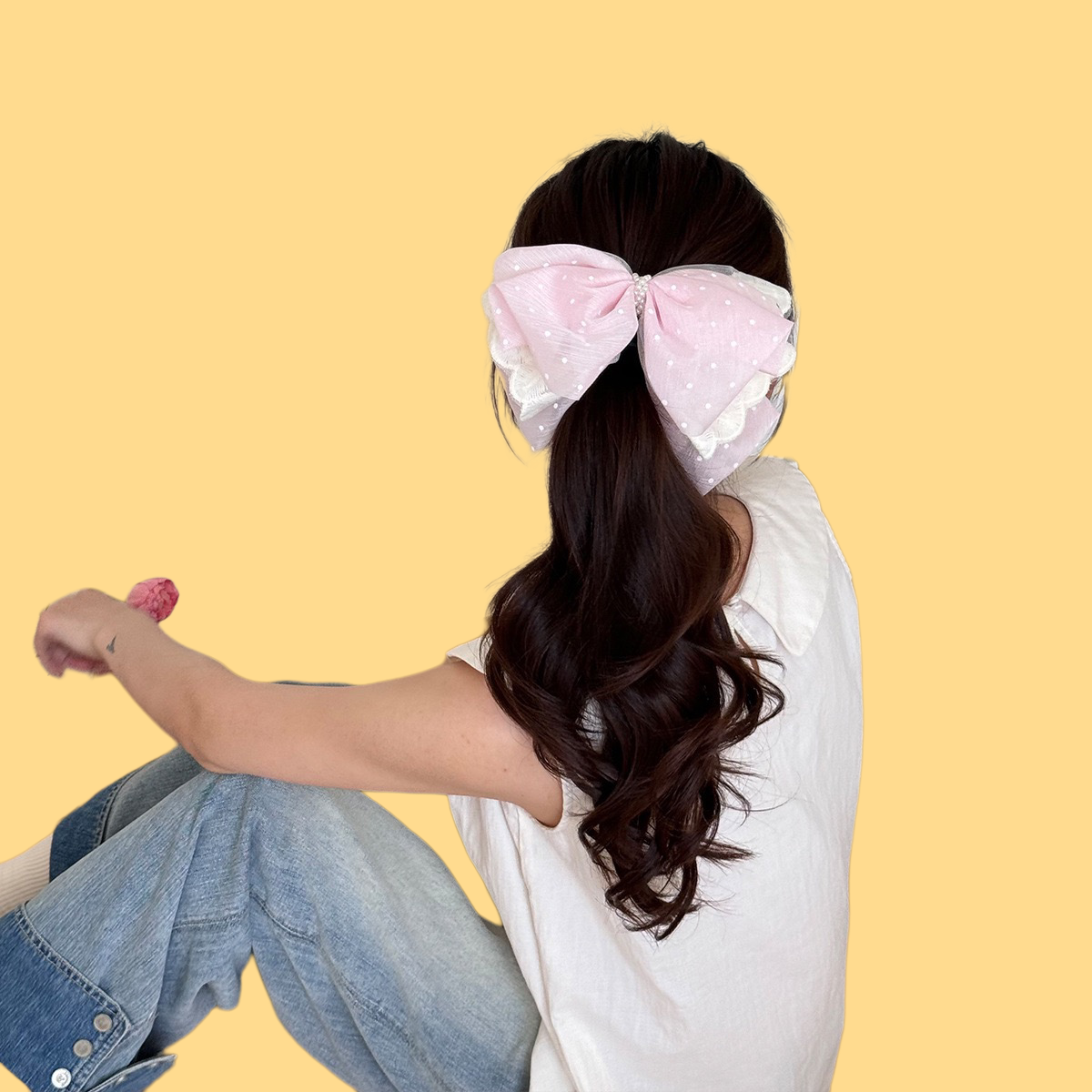 Starry Mesh Hair Claw - Pearl Bow Clip