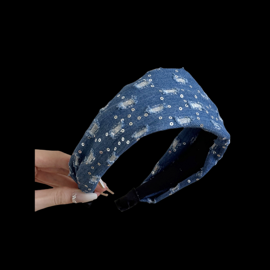 Vintage Denim Headband - Sparkly Wide Hairband (Retro Blue Collection)