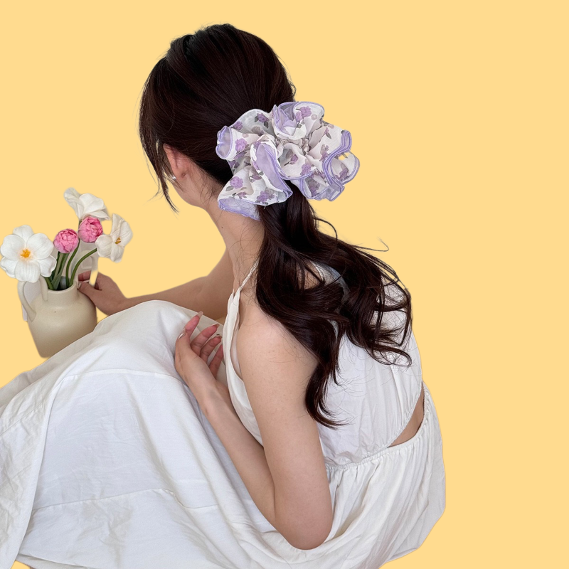 Lavender Floral Mesh Scrunchie - Dreamy & Delicate